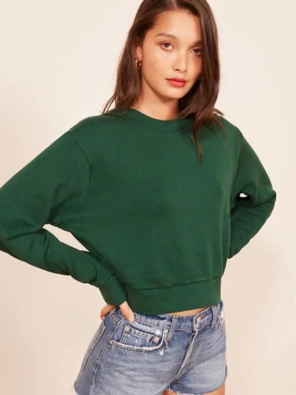 NWT Reformation Jeans Hunter Sweatshirt Cropped in Pine Green Color Size L